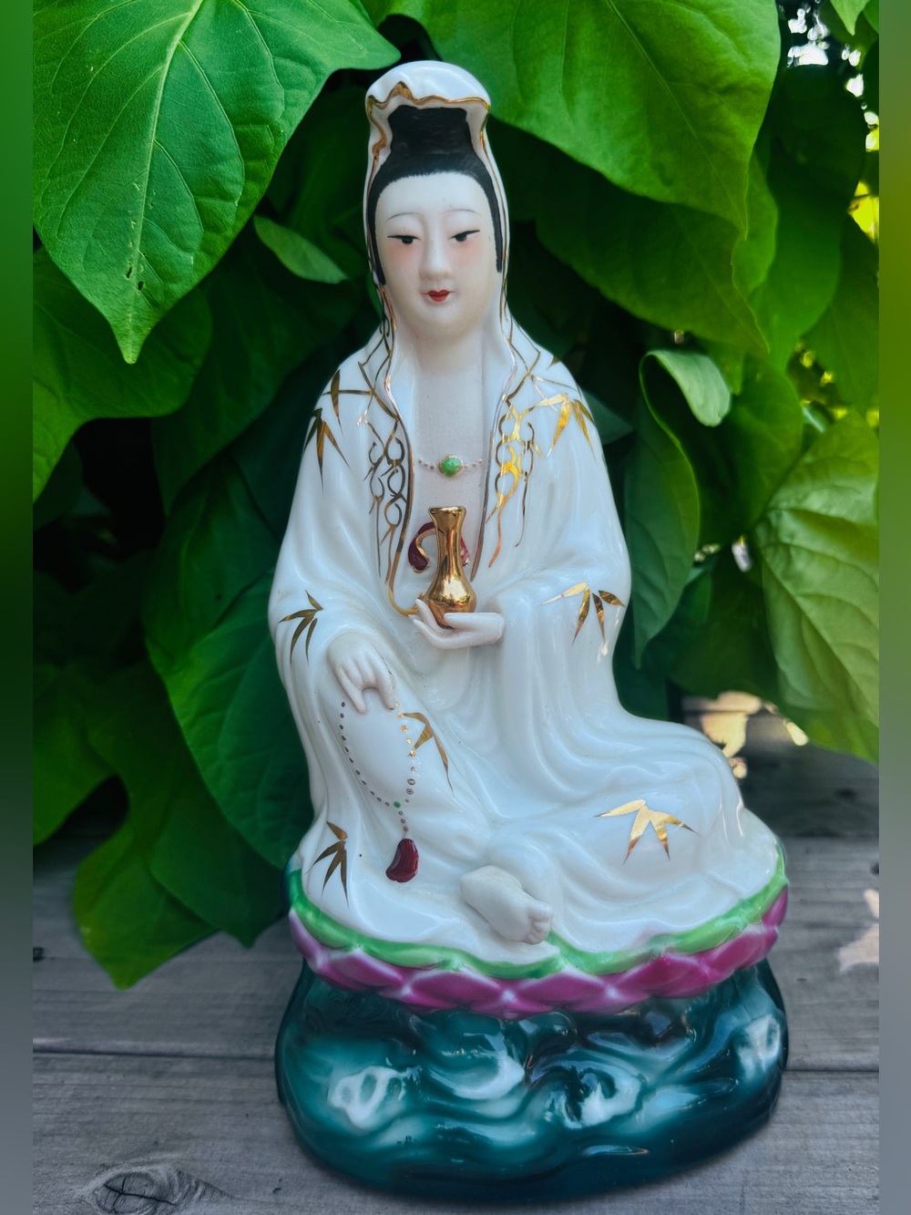 Vintage White and Gold Porcelain Guanyin Figurine - Home Accents